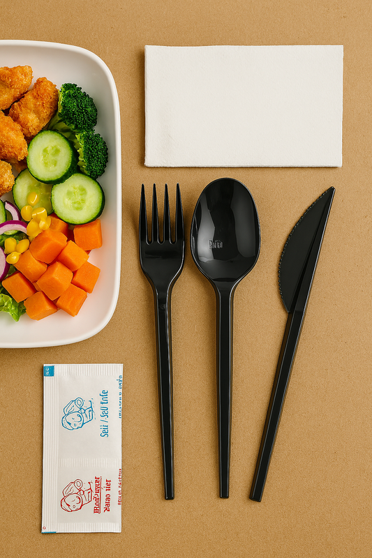 PS STR Black Set – Fork, Knife, Spoon, Napkin, Salt & Pepper - Paketoje