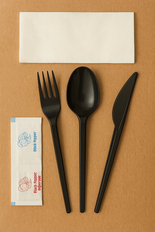 LUX Black Set – Fork, Knife, Spoon, Napkin, Salt & Pepper - Paketoje